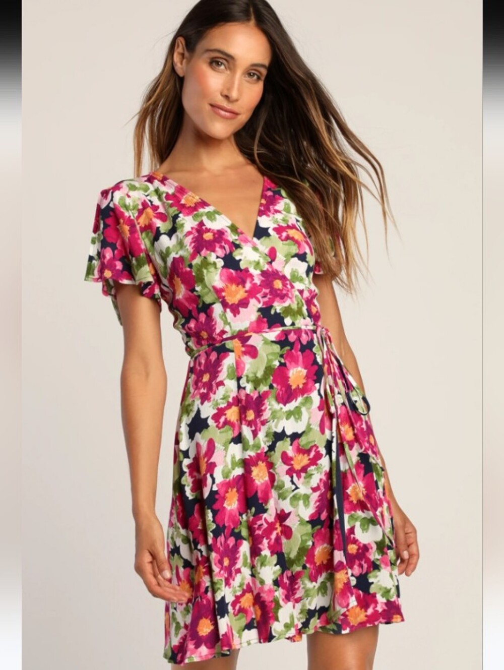 NWT Lulu's Harbor Point Magenta Multi Floral Print Wrap Mini Dress M